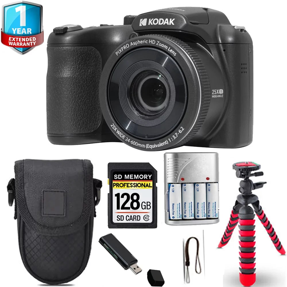 Warranty + Digital 64GB Camera AZ255 Spider - PIXPRO Kodak 1 Yr Tripod (Black) +