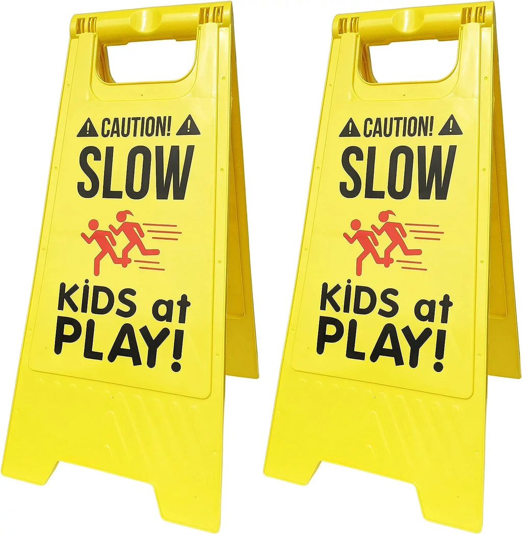 Signs, Double Carrying at Visibility Signs, - SciencePurchase High SLOW Color, Fold-Out by Standing Sided, Portable Handle Pack PLAY! Caution! with Yellow - 2 KIDS