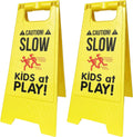 Signs, Double Carrying at Visibility Signs, - SciencePurchase High SLOW Color, Fold-Out by Standing Sided, Portable Handle Pack PLAY! Caution! with Yellow - 2 KIDS