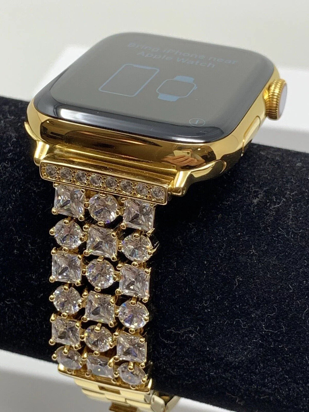 SERIES Diamond Plated 44MM Link Band Gold Rhinestones LTE 5 iWatch 24K Gold