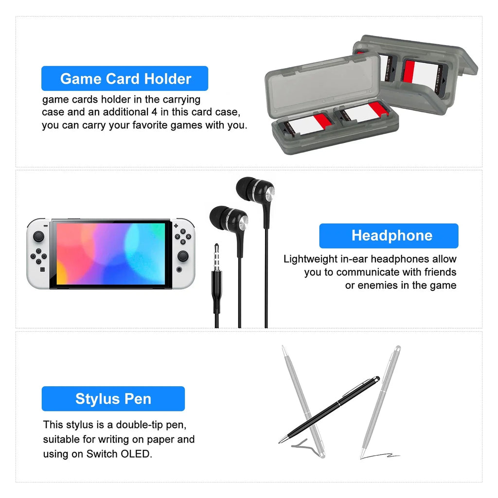 Black Switch Carrying Grips, More, with for and Nintendo Screen Accessories Accessories 16-in-1 Protector, Kit Glass OLED, Case, EEEkit Cover Fit Thumb Protective Case, Bundle Tempered