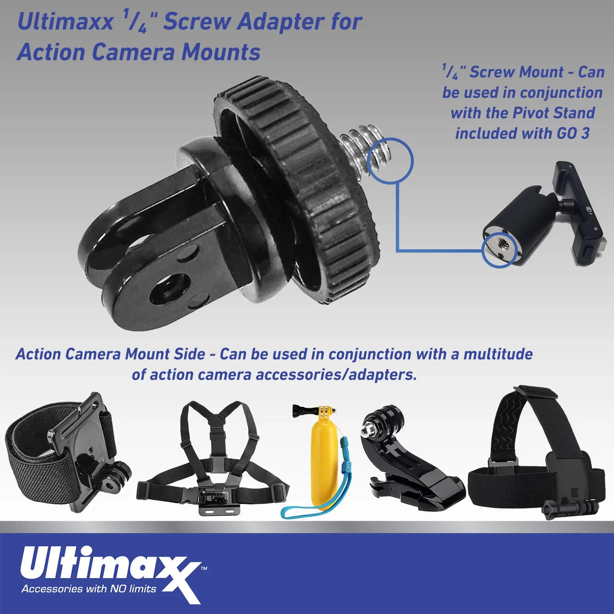 Ultimaxx & Mini GO Cam 3 (64GB) Adapter Metal Action (25pc More Camera Action 1/4” Dolly Screw for Insta360 Advanced Mounts, Bundle) Bundle Includes: -