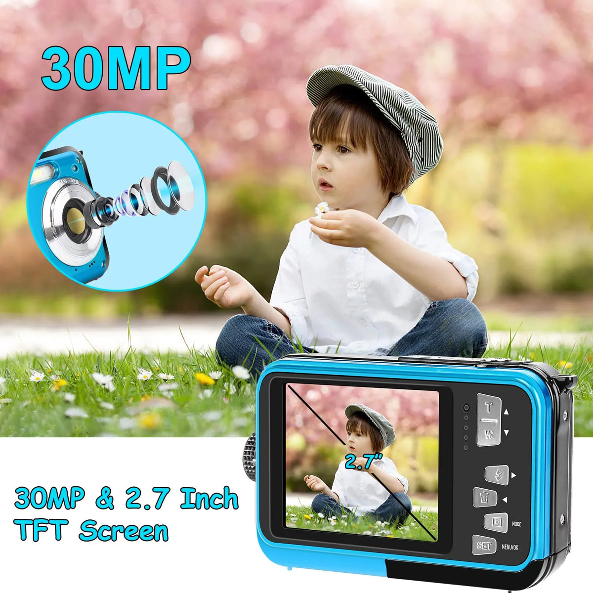 Waterproof Selfie Recorder 30 MP Cameras Digital 16X HD Screens Youtube Camera Snorkeling Full Video SEREE Zoom for for Dual Underwater 1080P Camera