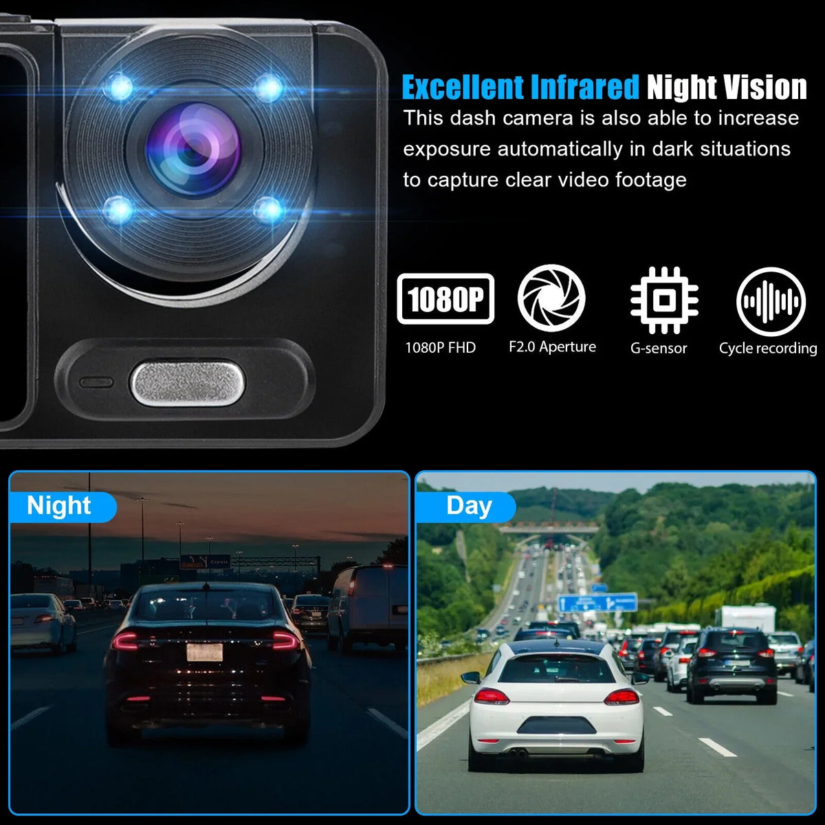 Dual Video Recorder 2" Dash 1080P Front/Rear/Inside G-sensor Lens HD Car Camera