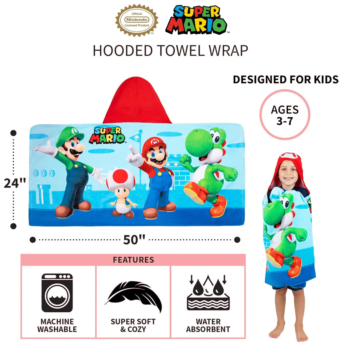 24 x Towel 50 Bath/Pool/Beach in, Super Wrap, Hooded Kids By Cotton Soft Terry Franco in Mario