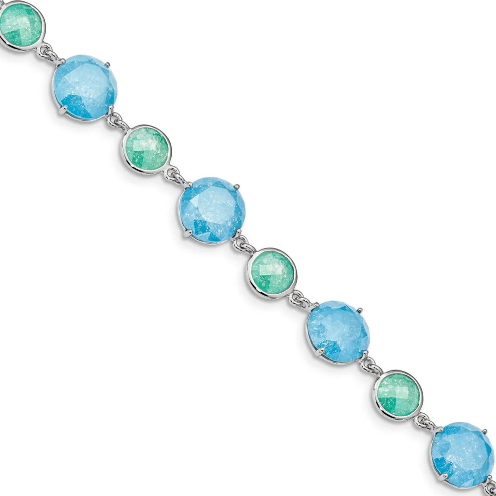 CZ Silver Ice 7.25 in Green/Blue Bracelet Q-QX970CZ Sterling w/1in ext Rhod-pltd