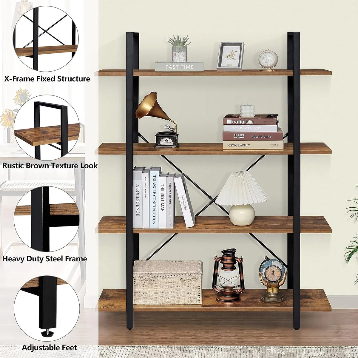 Bedroom, Rustic 4-Tier Home Office, Display Shelf, Frame, Bookcase Metal Shelves for DIQIN Open Living Bookshelf, Tall Book with Brown Room,