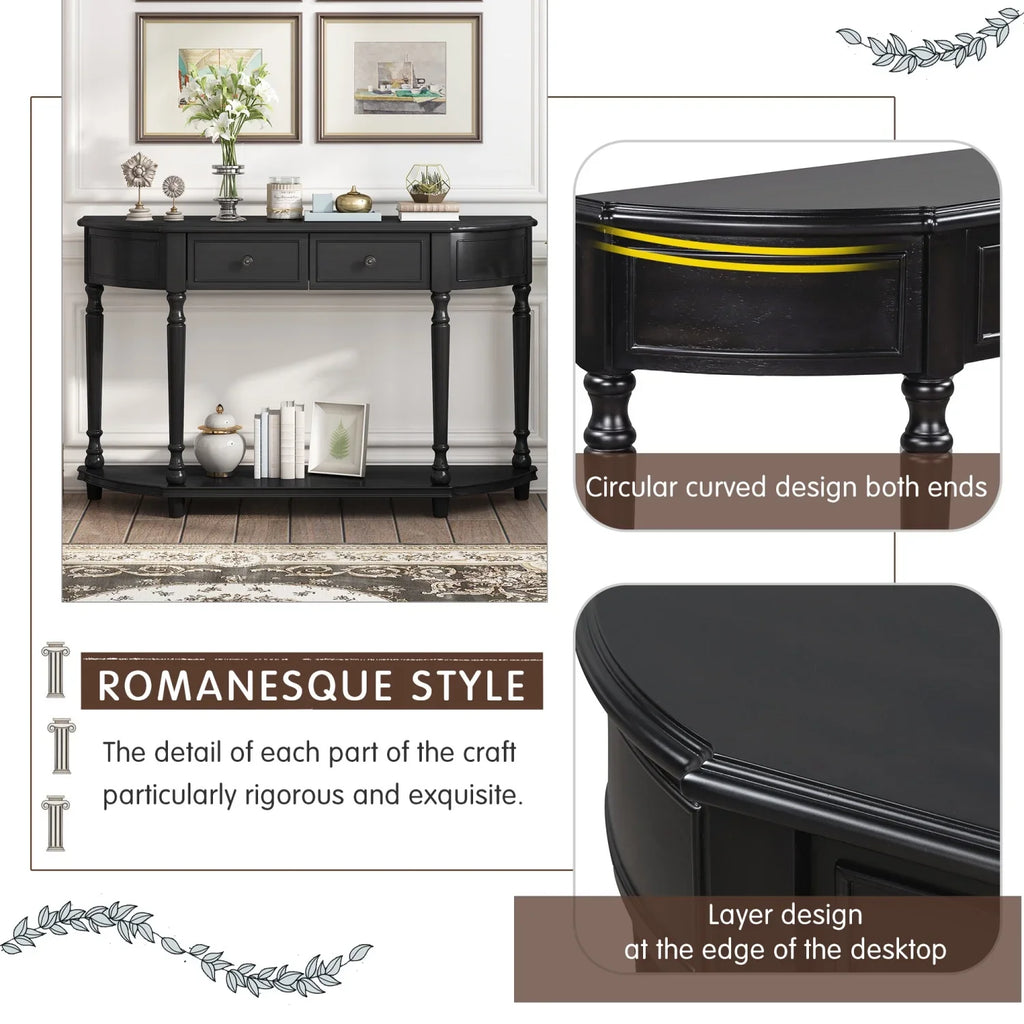'+ and (Cherry Open design WF298768AAC) Legs Circular Curved Drawers Wooden Two Antique Solid Design SKU with TREXM Top Retro Table Console Blue Frame OLD Shelf