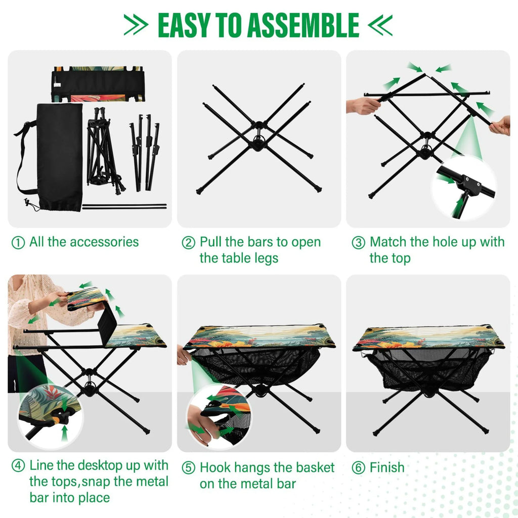 Compact Fishing Portable Table Beach Folding exterior Storage Bag Camping Picnic Travel Leaves with Palm for Table Table BBQ Landscape