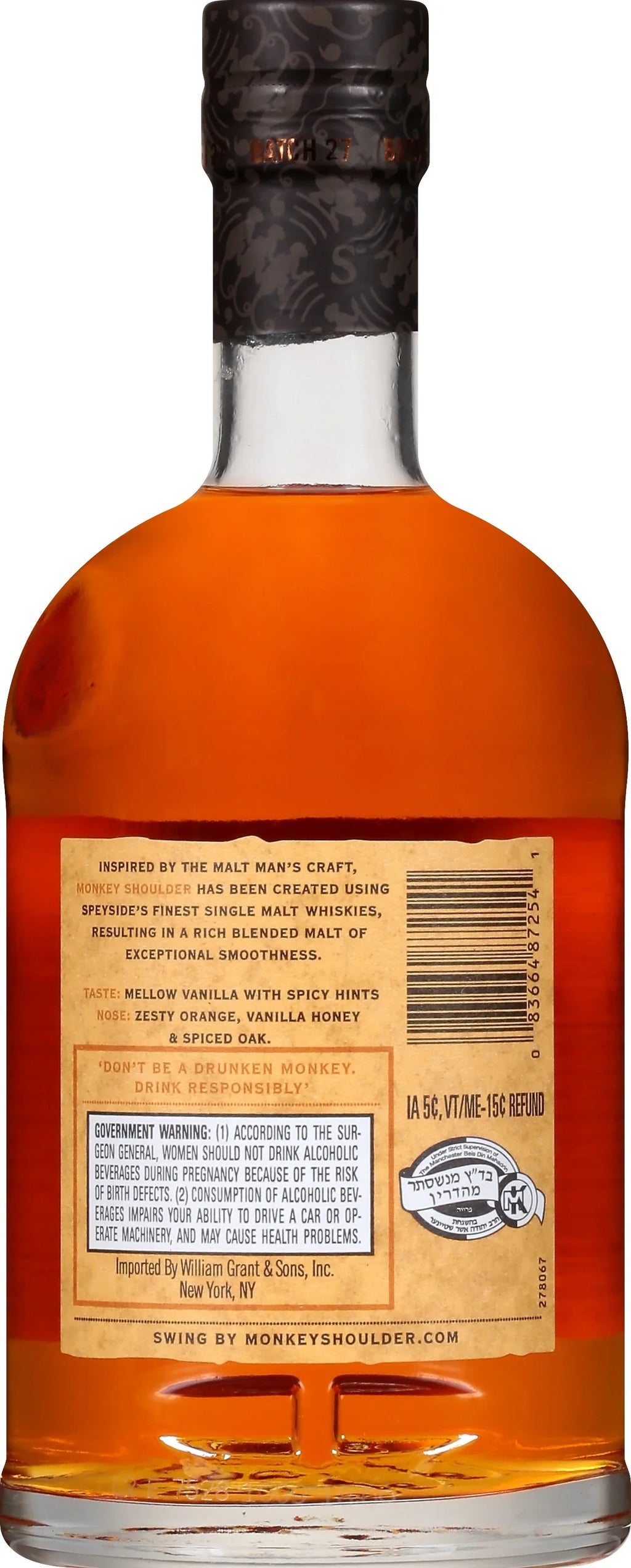 Glass Shoulder Bottle, 86 ABV Monkey Whisky, Scotch Proof 750ml 43%