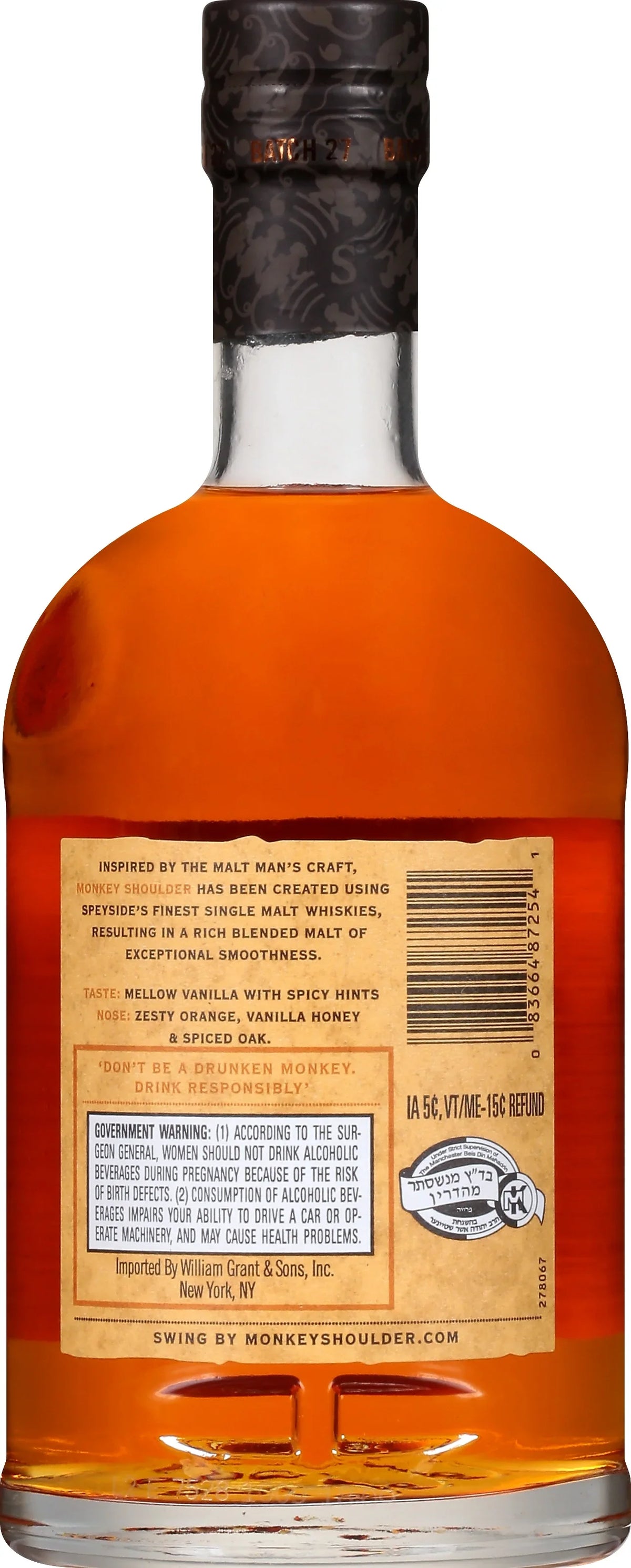 Glass Shoulder Bottle, 86 ABV Monkey Whisky, Scotch Proof 750ml 43%