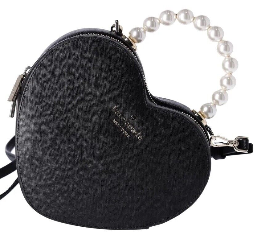 Love KF516 Kate Leather Shack Spade Heart Pearl Purse Black Crossbody