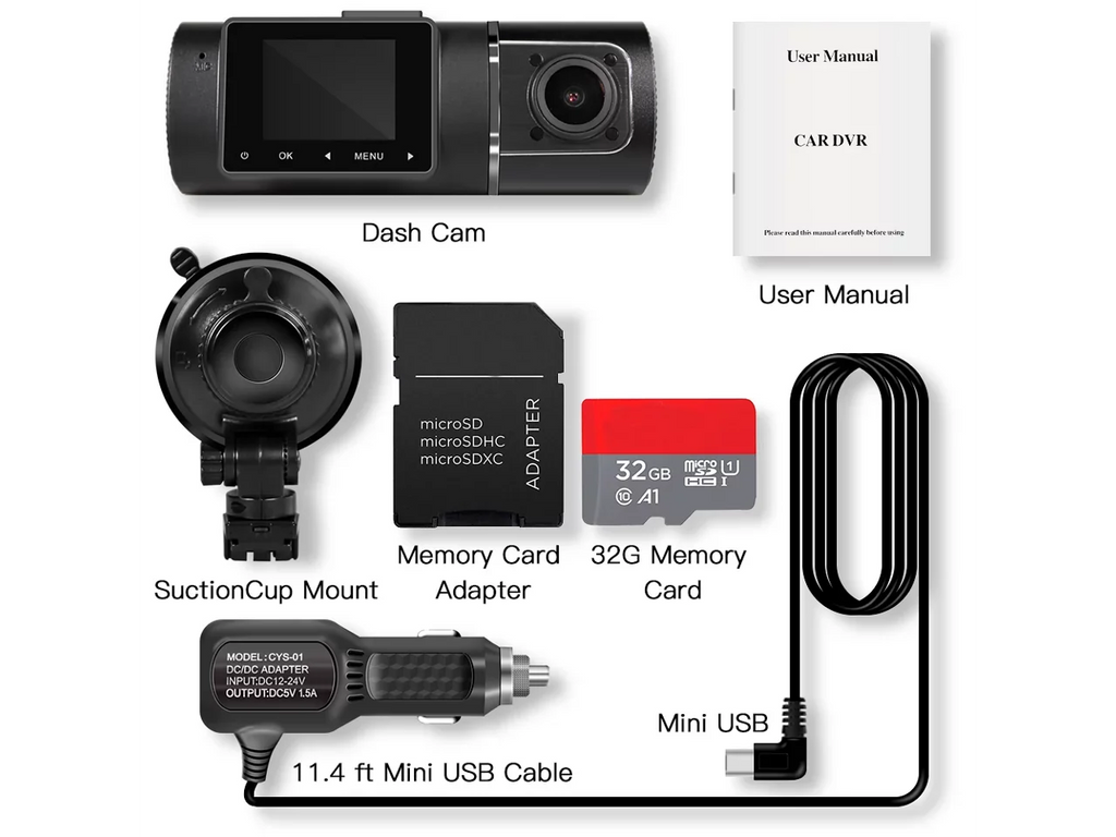 Included FHD Recorder Dash Inside Vision Rideshare Cam for Night Recording Infrared Kit Cabin G-Sensor Car Dual Front with Loop Camera WDR Driving Hardwire Taxi 1080p+1080p