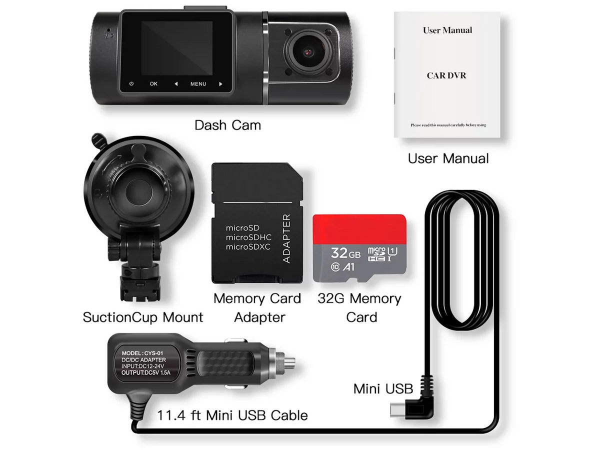 Included FHD Recorder Dash Inside Vision Rideshare Cam for Night Recording Infrared Kit Cabin G-Sensor Car Dual Front with Loop Camera WDR Driving Hardwire Taxi 1080p+1080p