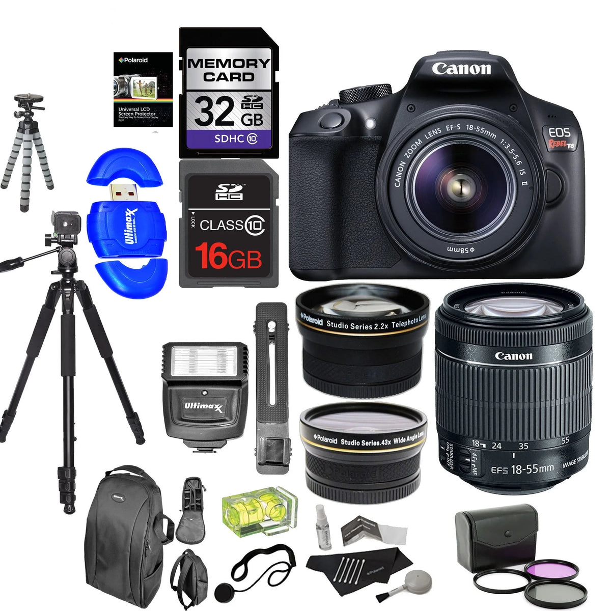 Lens Tripods Digital EOS Kit + Polaroid & Wide Super Camera II Canon Memory Rebel IS Cards EF-S 18-55mm T6 Angle 2.2X & Polaroid HD Telephoto SLR f/3.5-5.6 Accessory 50" 8" + with Lens + .43x + Bundle