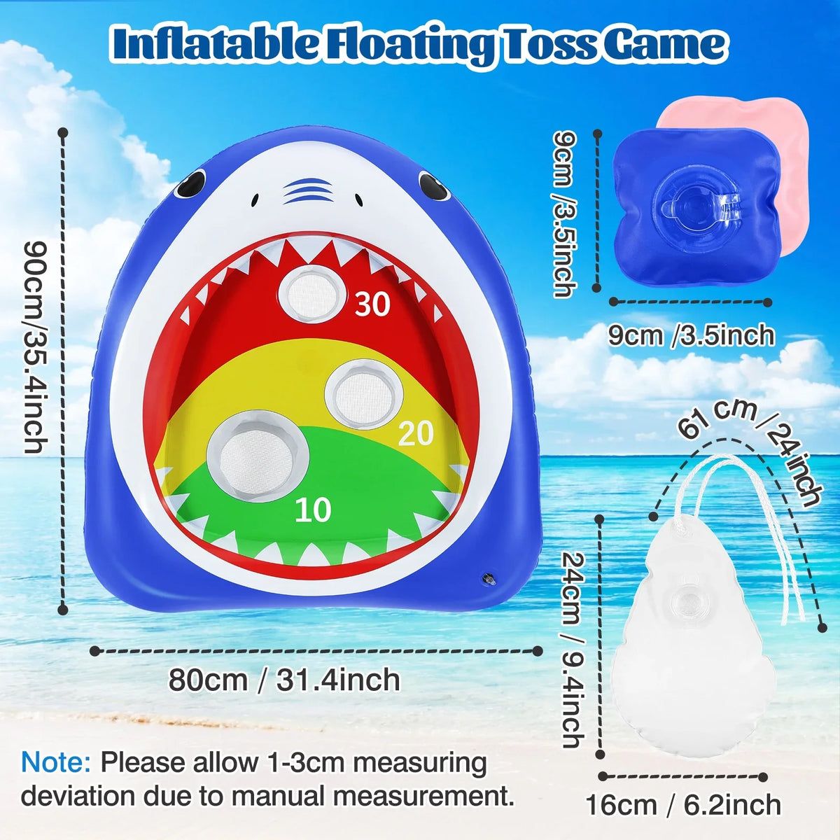 Blue Games for Ring Summer Party Toy 8 Kids Pool liquid Toys with Floating Sandbag, Family MoKo Inflatable Carnival, Shark Adults Toss