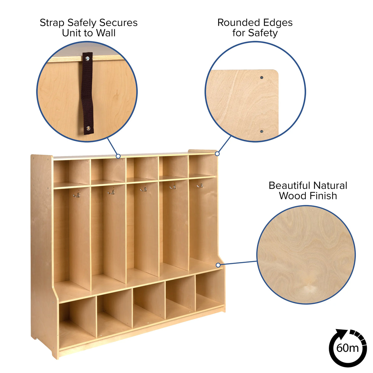 Locker Coat Storage with Cubbies 5 Wood Section Emma School Organizer and Hook Oliver Bench, +