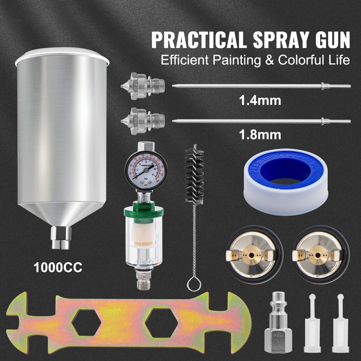 SKYSHALO Spray Gun, Steel Gravity Spray 1.8mm Nozzles, Auto 1.3mm Feed with Gun & Cup 1000cc 1.4mm Stainless Paint, Touch-Up Coat High Primer, Automotive for Clear/Top HVLP Performance Aluminum