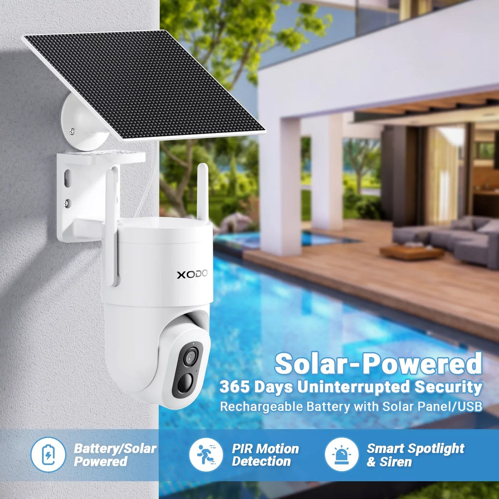 Remote with Security for E15 Pan-Tilt Siren, 2K Vision, 2-Way 3MP App Solar Cloud/SD Home Motion Detection, Camera Color Floodlight – View System, Night exterior Wireless Audio, 360° Cam XODO