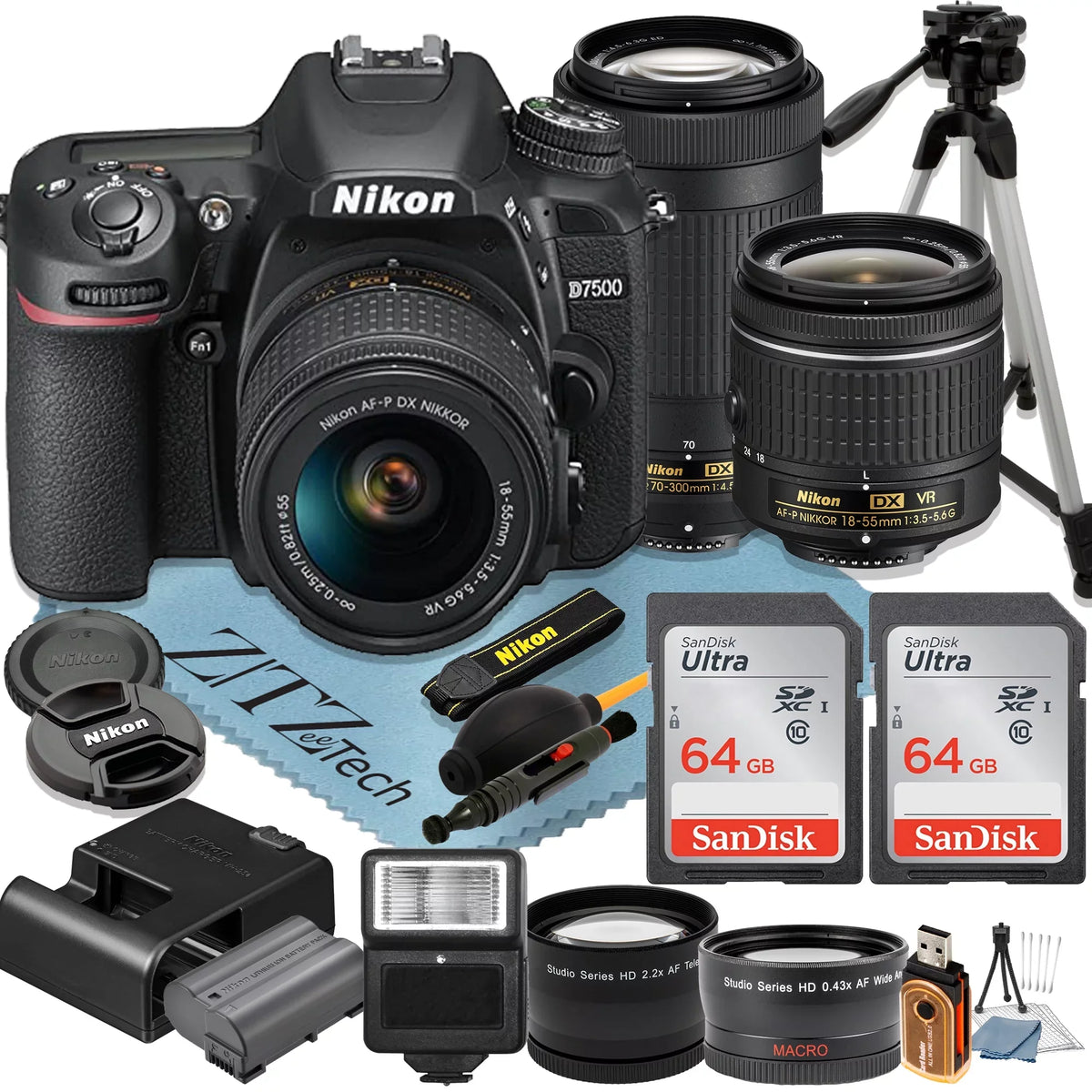 with 64GB Cards ZeeTech DSLR + + + Camera Lens + 2 Bundle 18-55mm Tripod Accessory D7500 Wideangle Memory 70-300mm Flash Nikon SanDisk + Pcs +