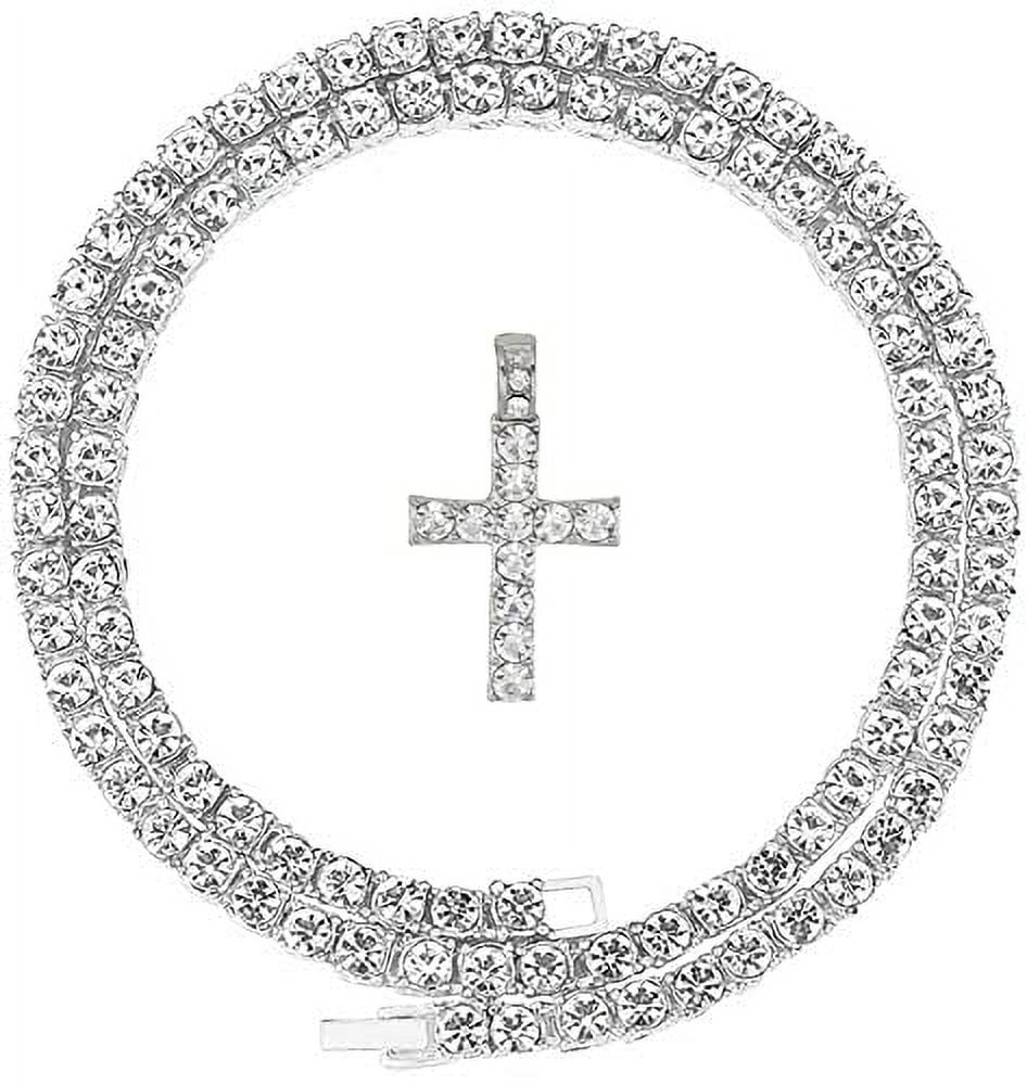 Set Wristwatch Set - (24") The Raymond Iced Cross Bracelet & Choose Shiny Tennis Out Be Out Quartz 3pc Necklace Cuban SLV ZZ Mens Luxury w/Diamond Blinged - Charles Lit Dial ST10327AR Matching