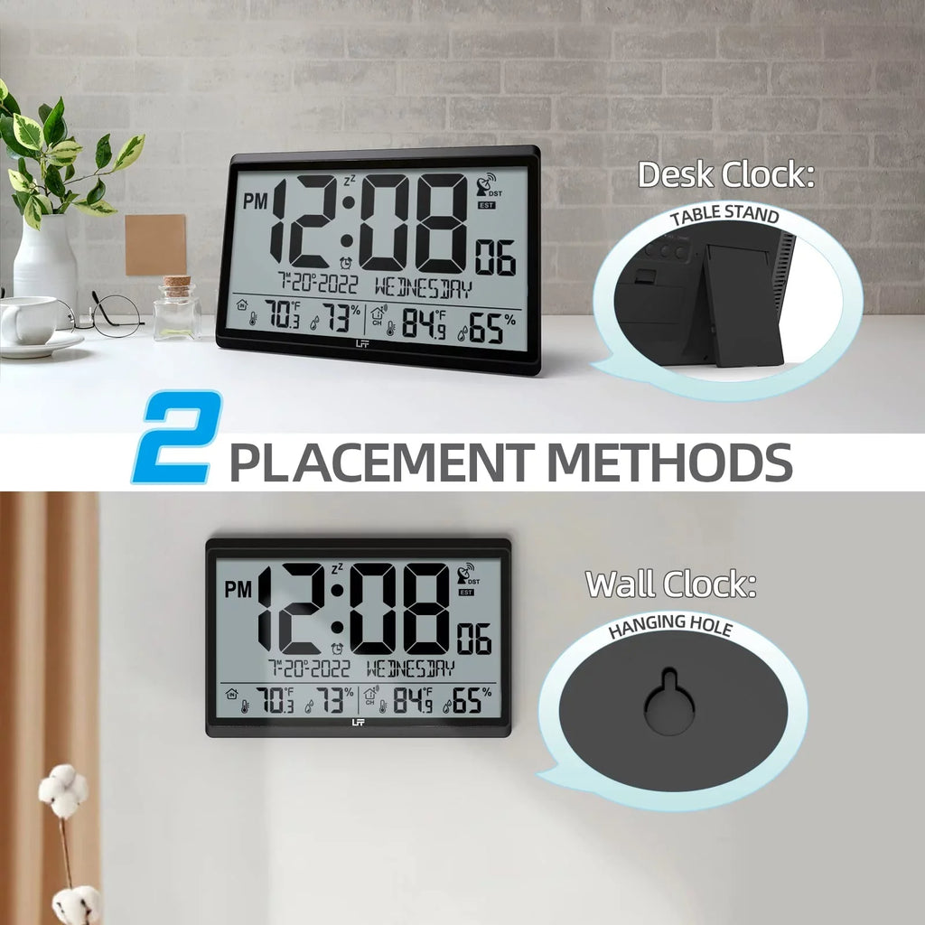 LFF with Battery 4.5" Setting, Needs Atomic 15" Never Clock Humidity, Operated, with Clock & Wall Numbers Easy-to-Read, Indoor Black Clock - exterior Temperature Wall Atomic Digital