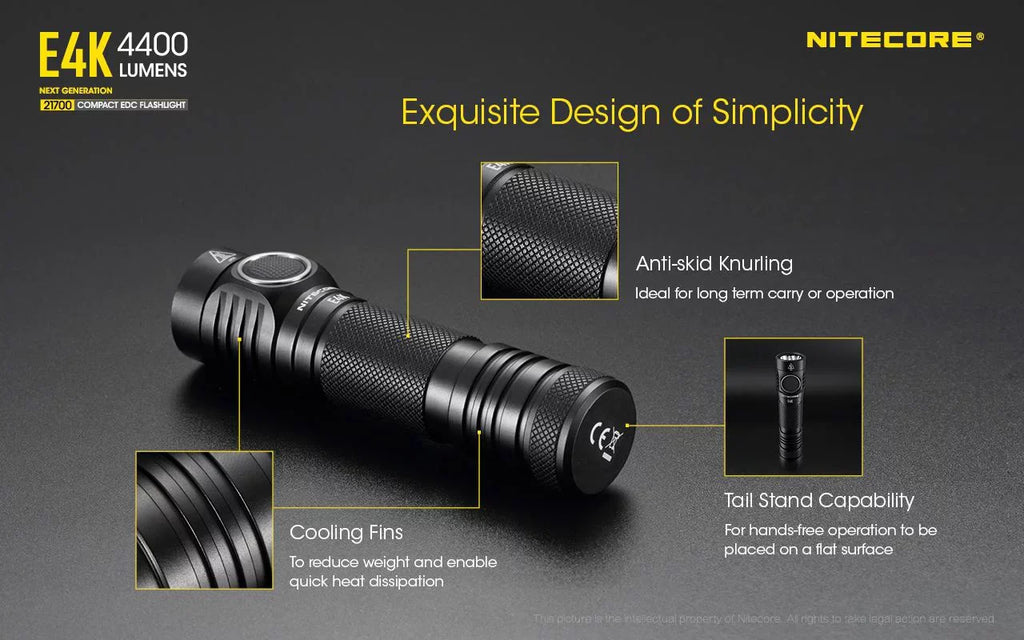 Charger - Rechargeable Fast 3Amp Next generation 21700 Li-ion E4K -4400 w/Eco-Sensa Compact Flashlight NITECORE 1x Wall Lumens USB NITECORE 21700 EDC Battery Included
