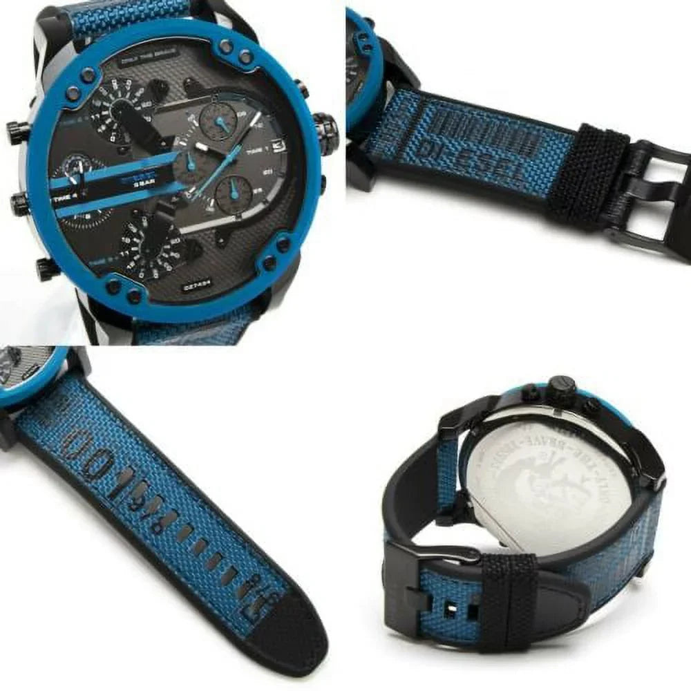 4 BLUE NEW TIME CHRONOGRAPH BLACK DADDY DZ7434 MR. 2.0 NYLON DIESEL MEN'S WATCH