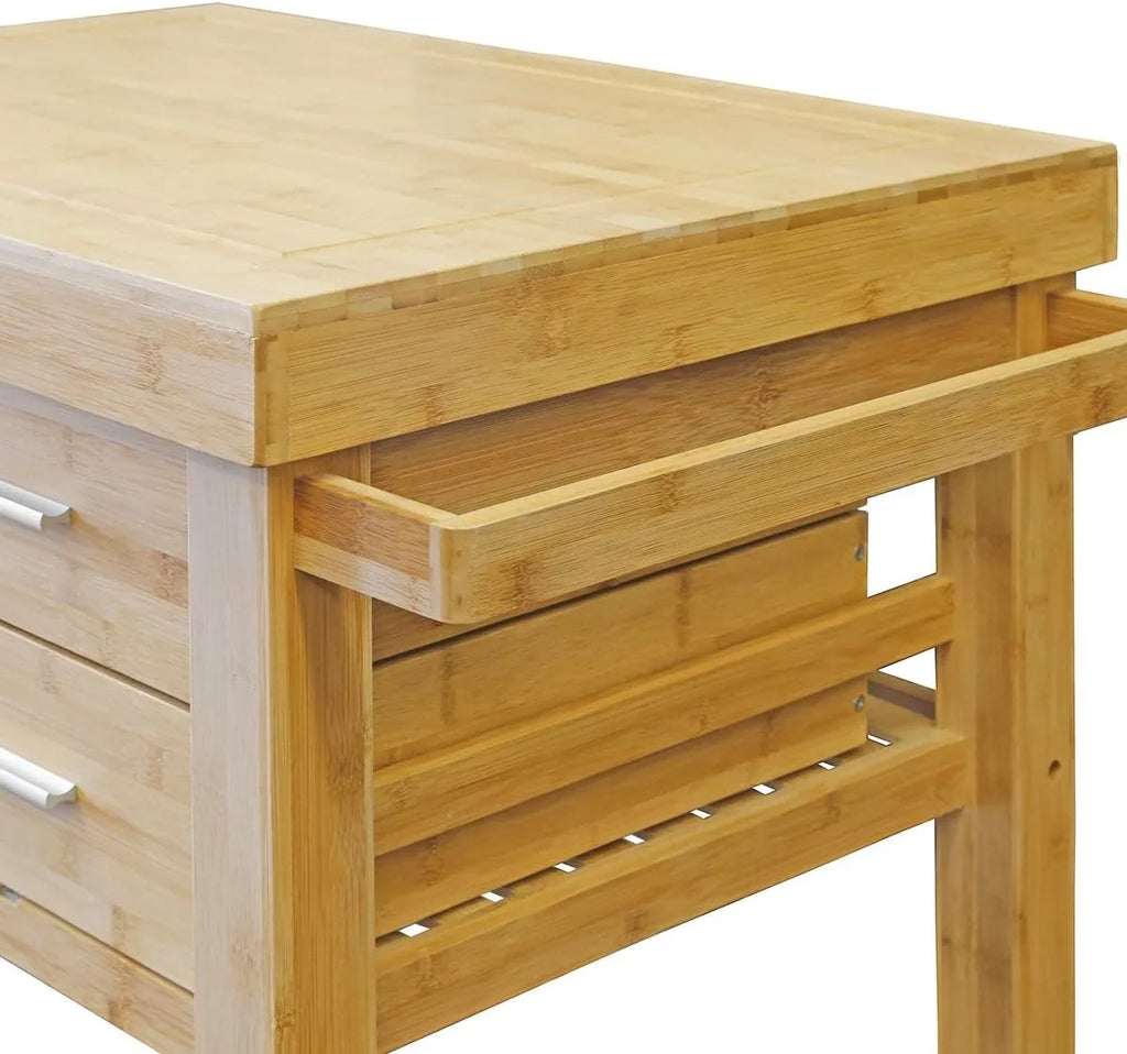 Cart Wheels, Food Cart Island Drawers Locking Towel Bamboo With On Casters, Trolley Shelves, Block Wood Prepping Kitchen Rack, Rolling Butcher
