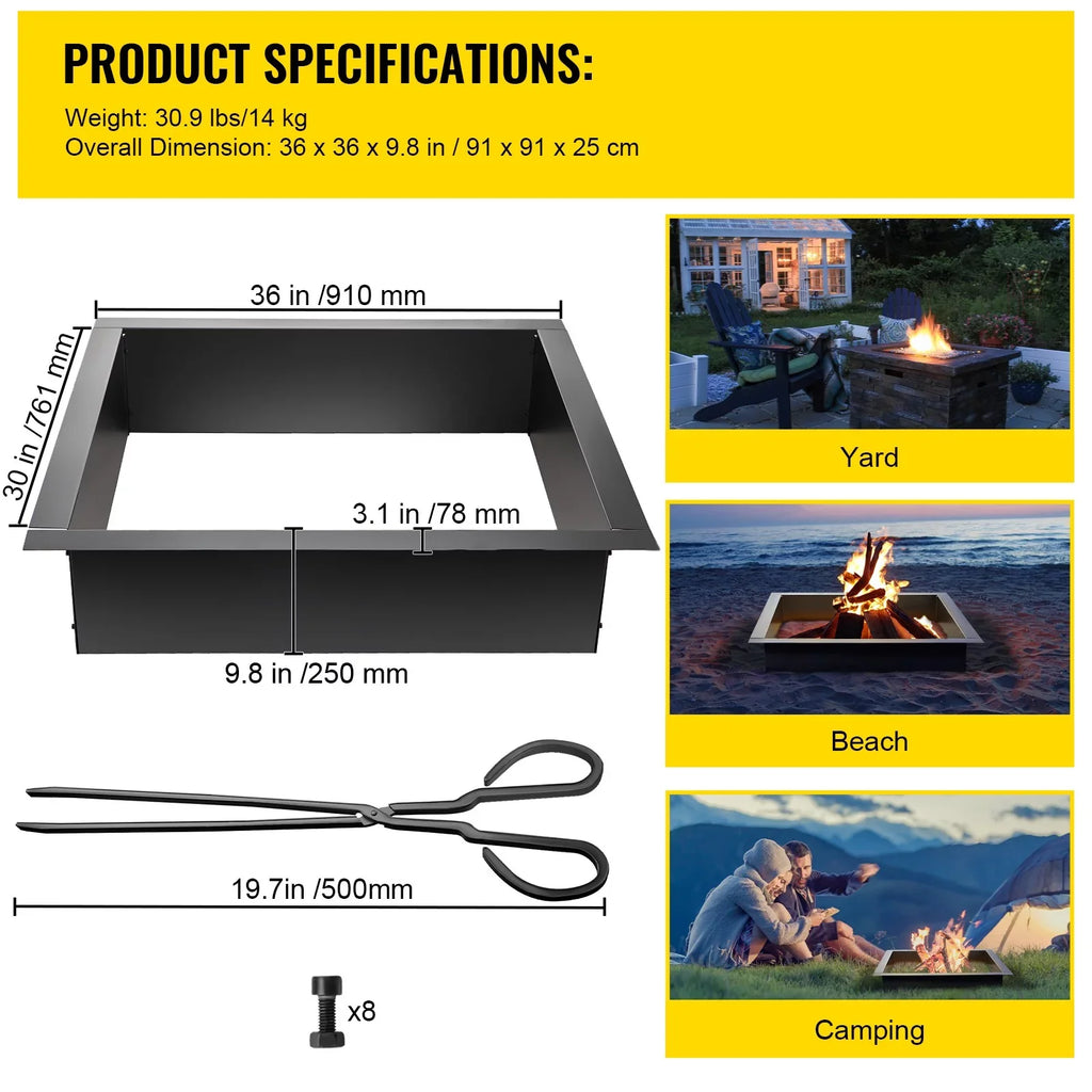 with Duty Fire Pit BENTISM Tongs Insert for Simple Patio, Ring, exterior, with Square Fire 30" Fire DIY Insert, Steel Pit Heavy Ring, Liner Installation Backyard Bonfire