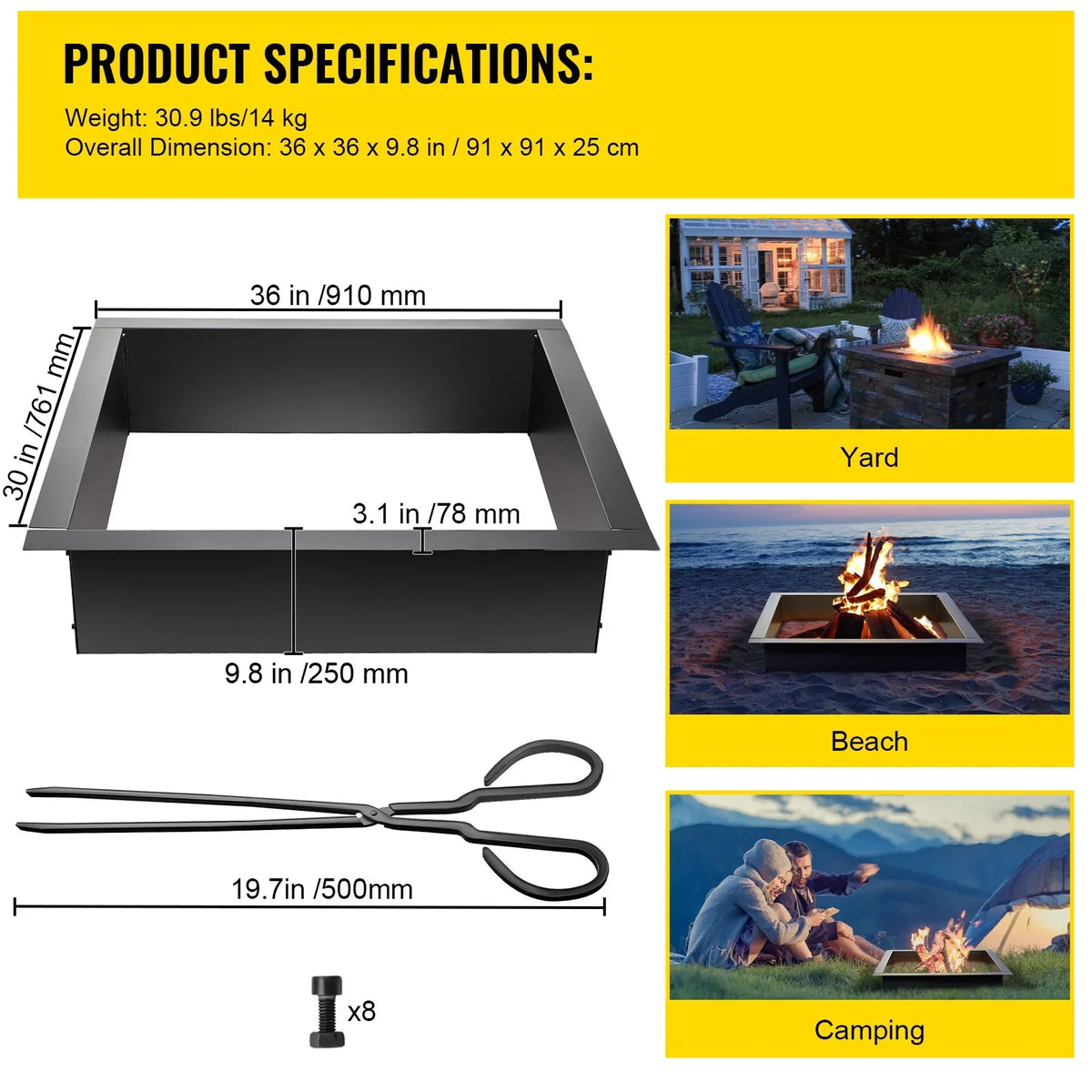 with Duty Fire Pit BENTISM Tongs Insert for Simple Patio, Ring, exterior, with Square Fire 30" Fire DIY Insert, Steel Pit Heavy Ring, Liner Installation Backyard Bonfire