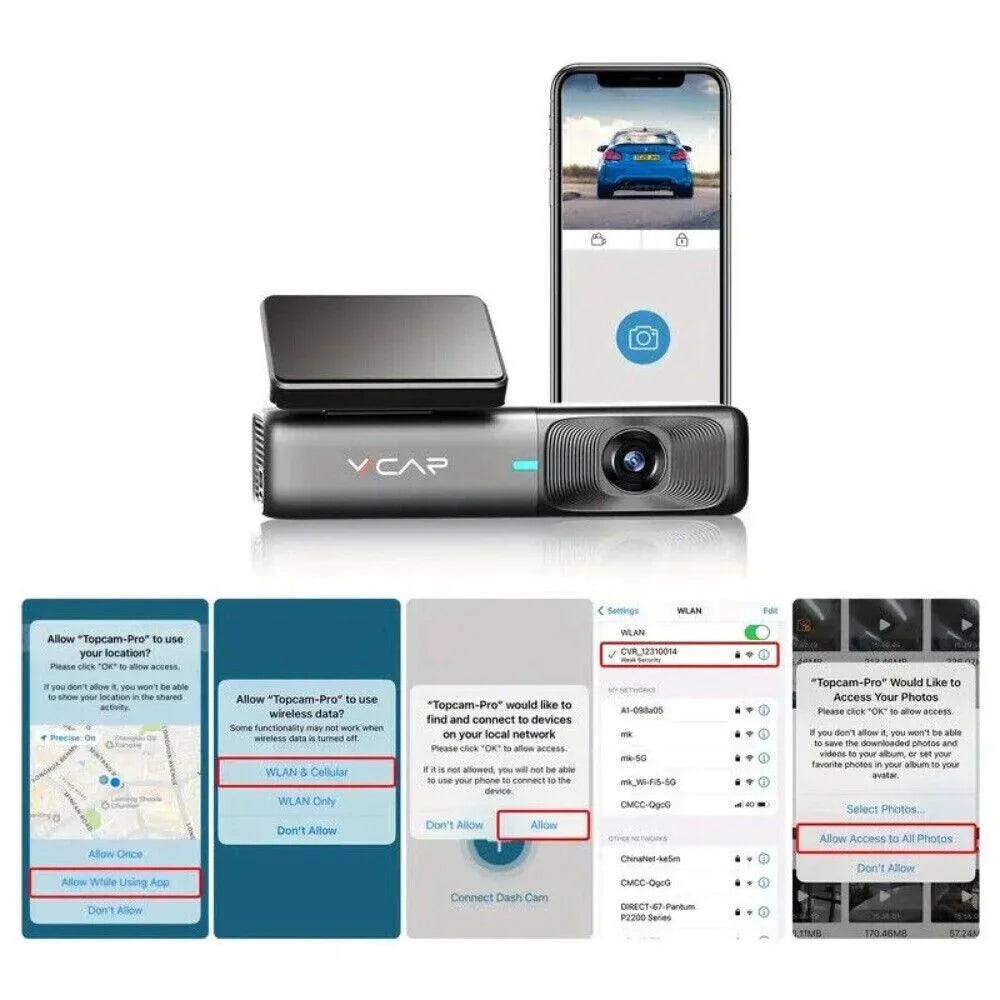 Recording, Max, Night 128GB Cam Cars Car 1440P Free Card, Dash G-Sensor, Vision, 2.5K Loop VVCAR Camera Dash WiFi 32G Support for