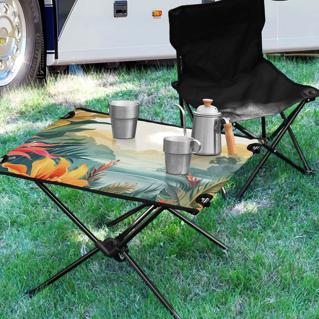 Compact Fishing Portable Table Beach Folding exterior Storage Bag Camping Picnic Travel Leaves with Palm for Table Table BBQ Landscape