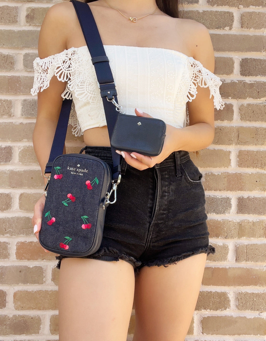 Coin Crossbody Denim Zip Embroidered Phone Kate + Cherries Pouch NS Rosie Spade