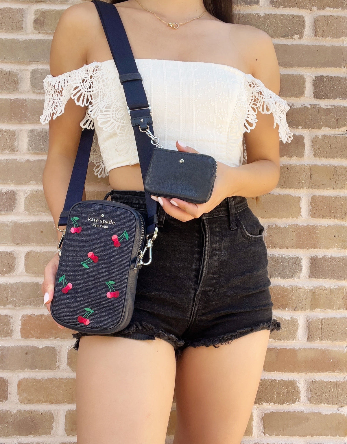 Coin Crossbody Denim Zip Embroidered Phone Kate + Cherries Pouch NS Rosie Spade