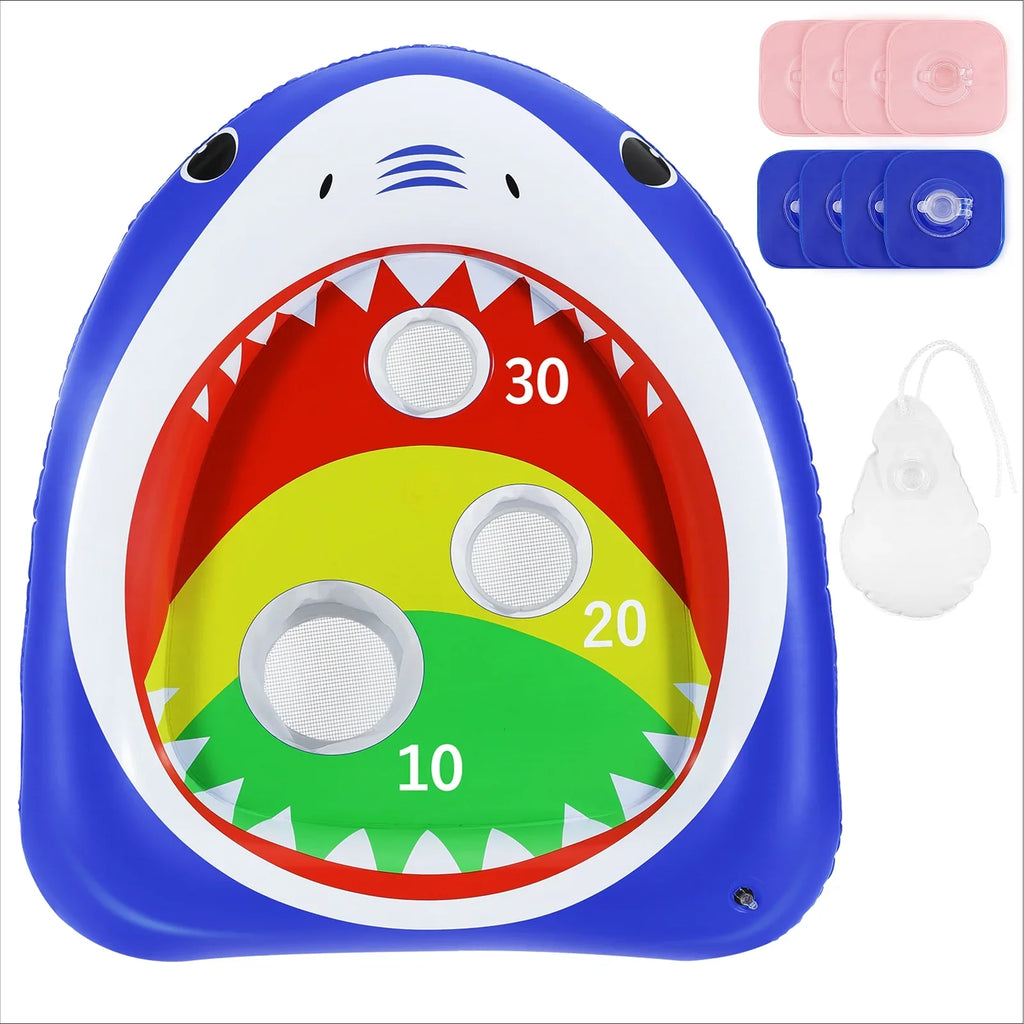 Blue Games for Ring Summer Party Toy 8 Kids Pool liquid Toys with Floating Sandbag, Family MoKo Inflatable Carnival, Shark Adults Toss