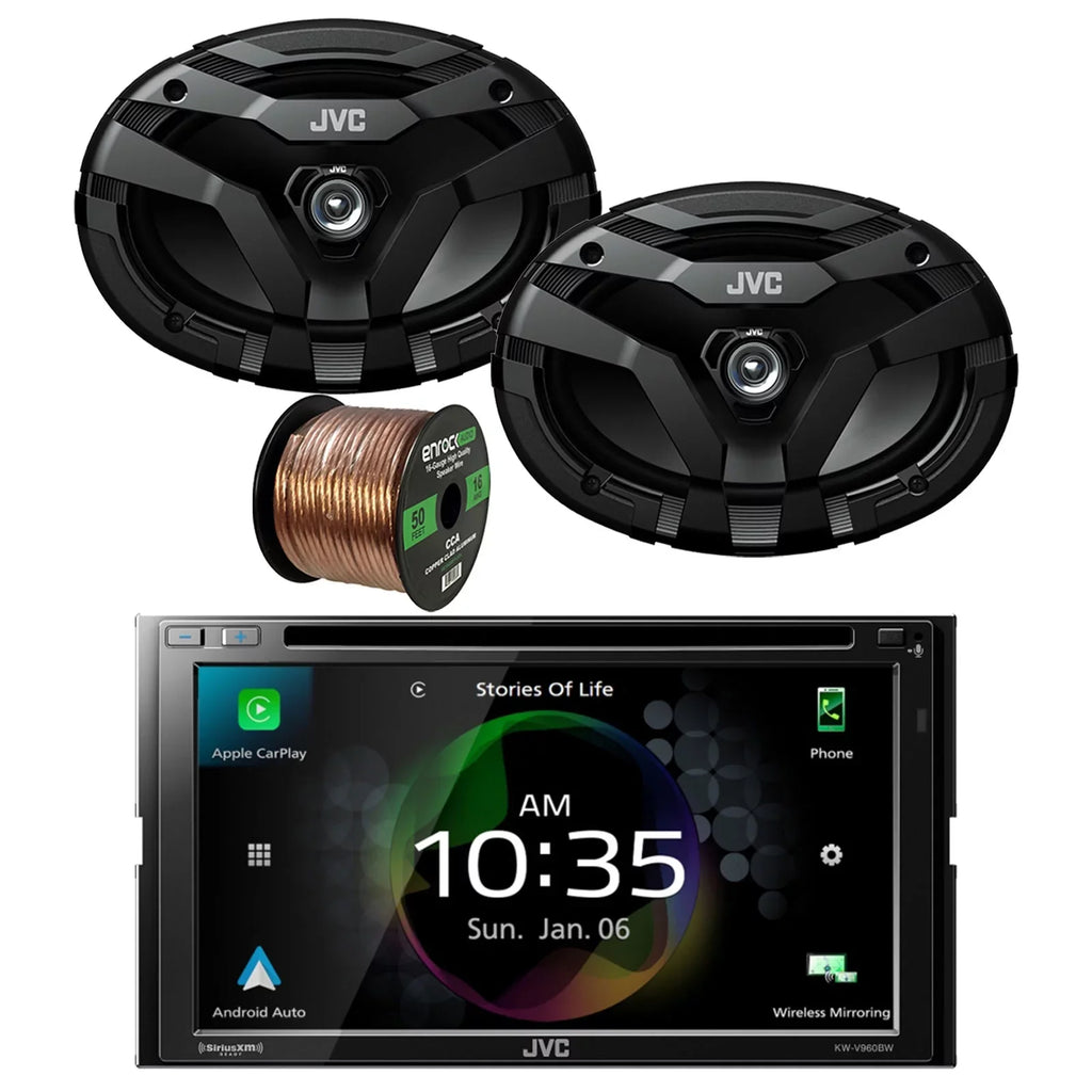 Combo Peak 16G 6x9" Radio Dual CD/DVD Feet 2-Way Watts 2x Player JVC KW-V960BW Receiver Speaker Bundle Coaxial Audio Car Bluetooth Double with USB Power Wire DIN Speakers 50 Car 400 AM/FM and