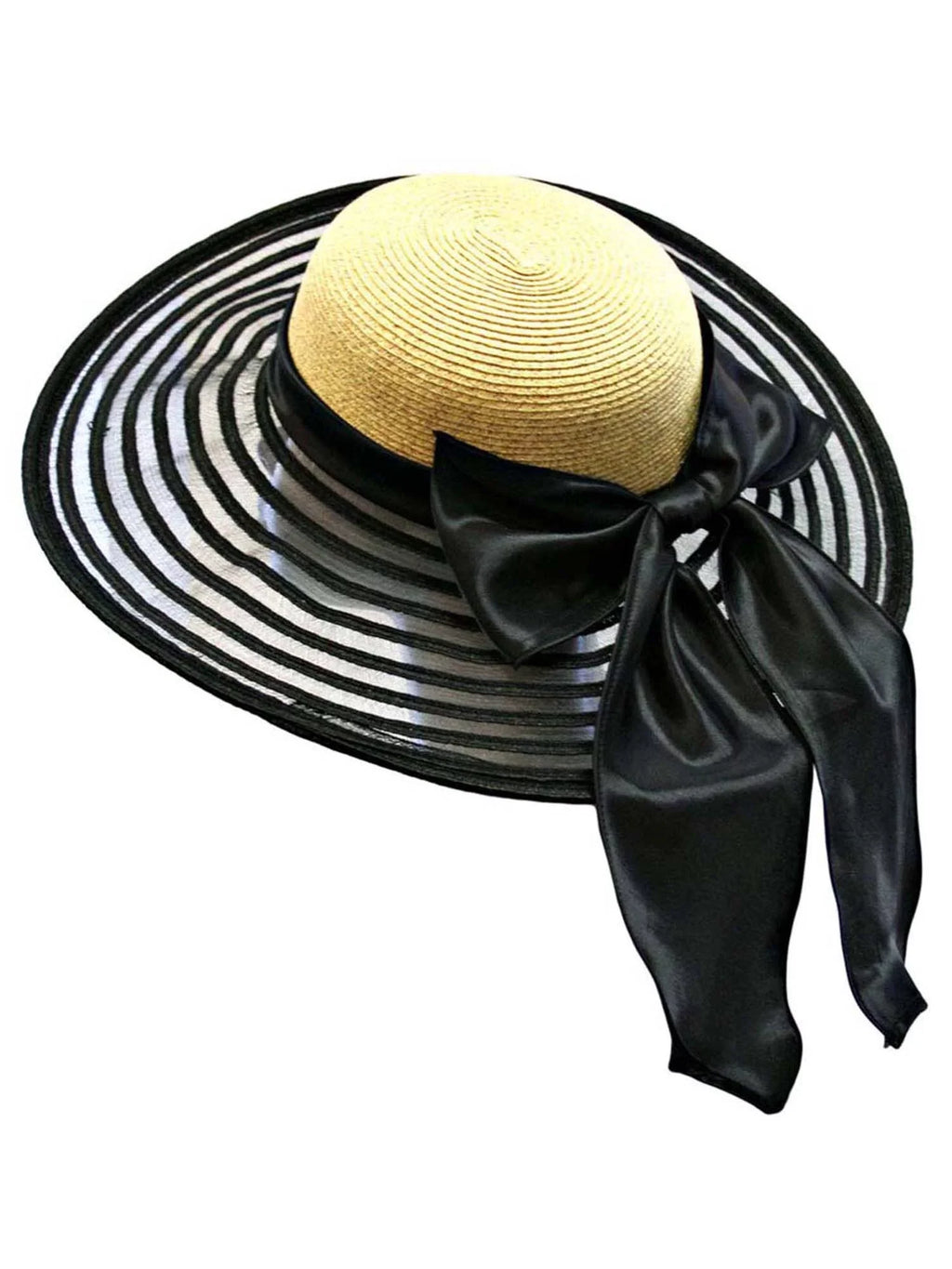 With Wide Hat Floppy Black Satin Bow Wheat & Brim Large