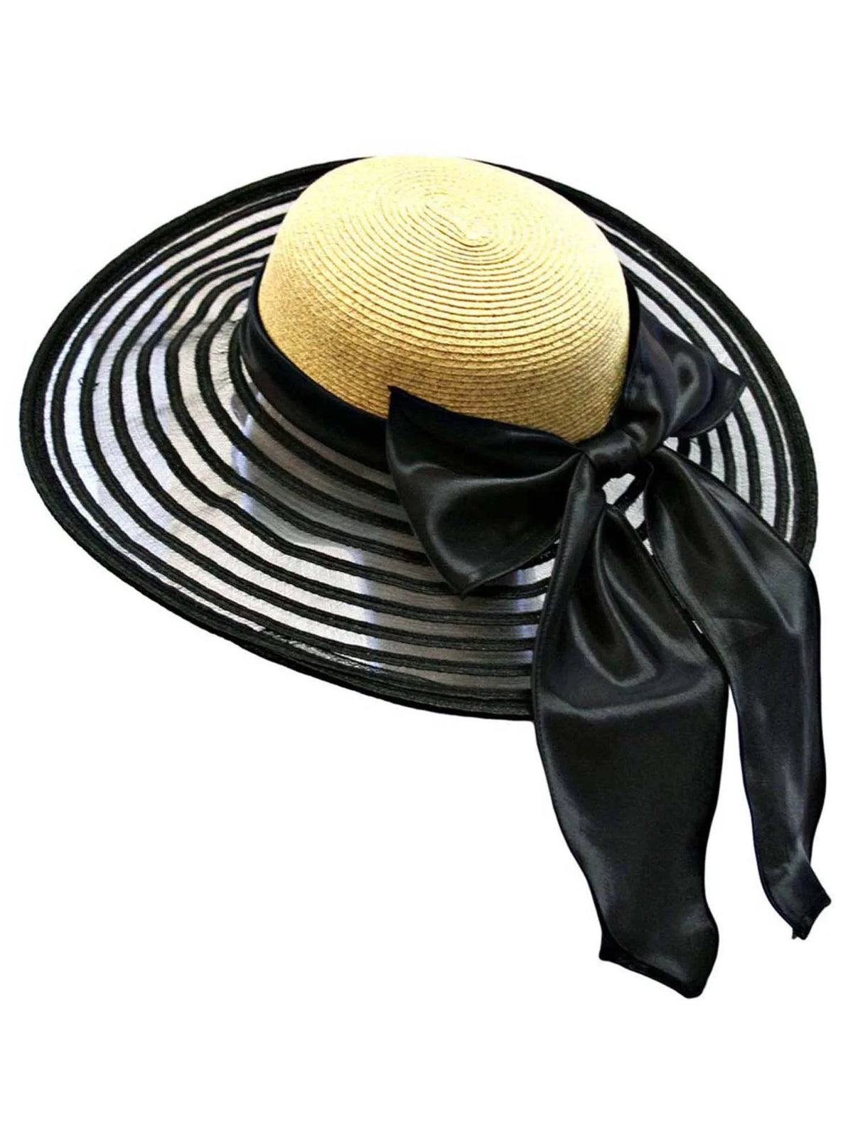 With Wide Hat Floppy Black Satin Bow Wheat & Brim Large
