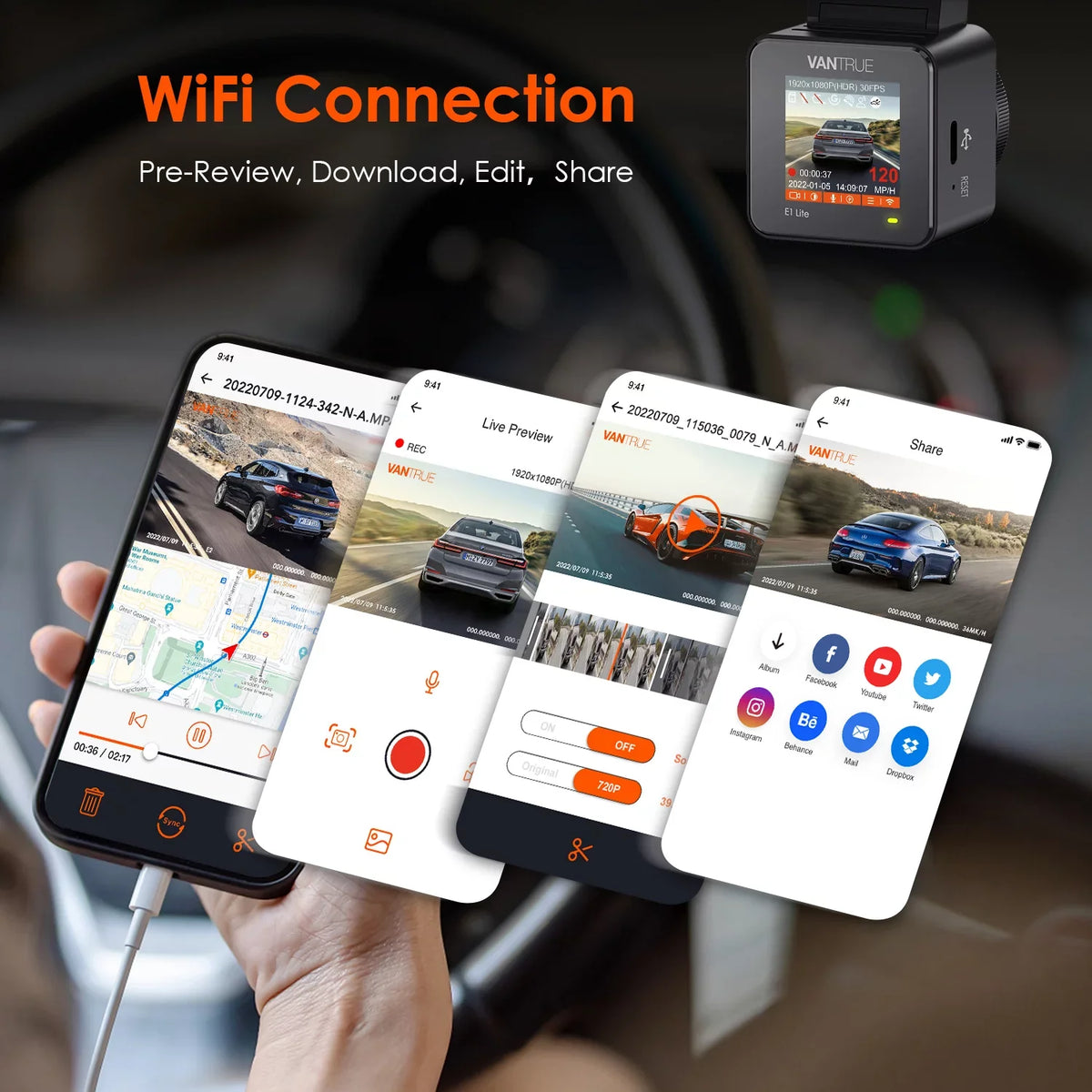 Control System, Compact 512GB with Car Dash Support WiFi Voice W camera G-Sensor, Max 24/7 GPS Lite) Cam 160° (E1 Vantrue Mode, Mini X Angle, 1080P, Dual Parking 1920 Wide