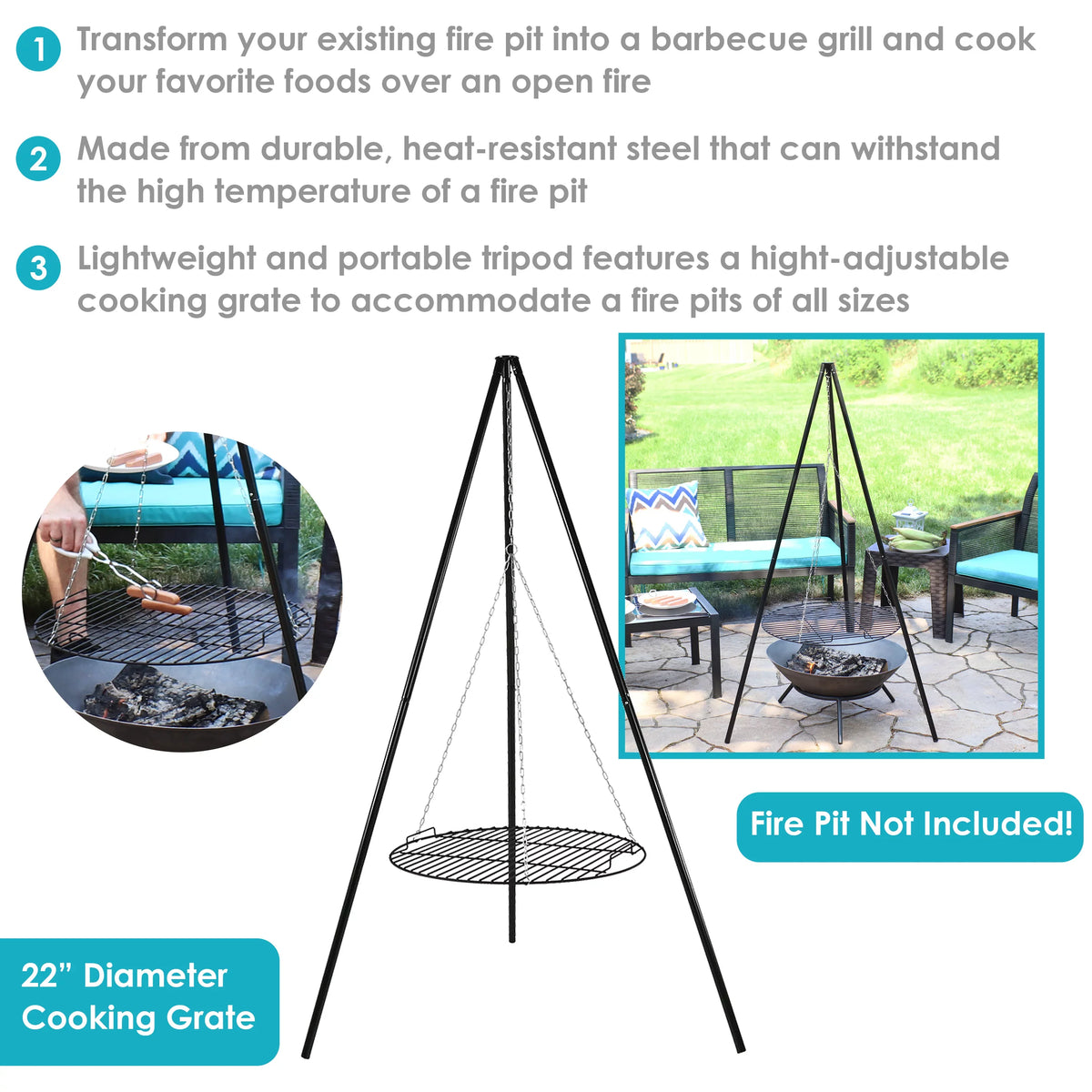 Cooking Tripod Diameter with Sunnydaze - Set Grate Grilling 22"