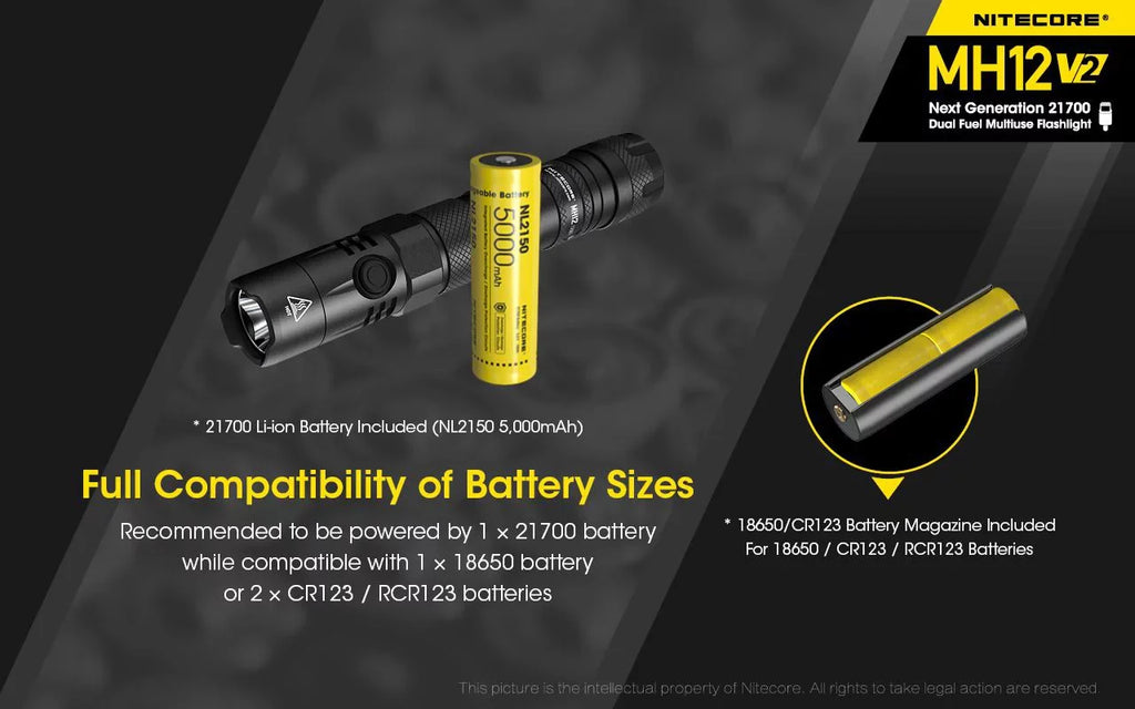 CREE Battery Flashlight Nitecore V2 21700 -1200 (Included) V6 -21700 Combo: Battery XP-L2 4000mAh MH12 Lumens NL2140 + LED