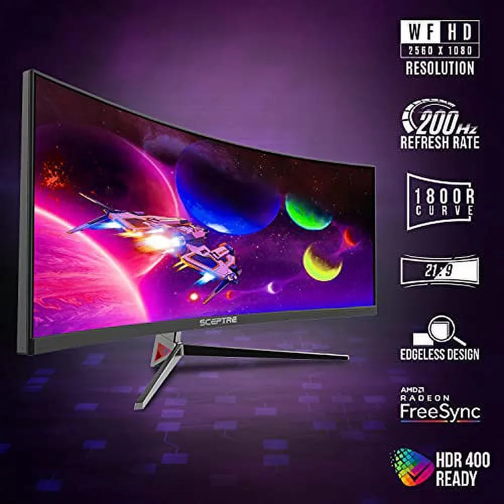 to 2560x1080 Black Build-in DisplayPort Sceptre up Monitor Metal Wide Gaming Curved Ultra Speakers, HDMI (C305B-200UN1) 30-inch 200Hz Slim 21:9 Ultra