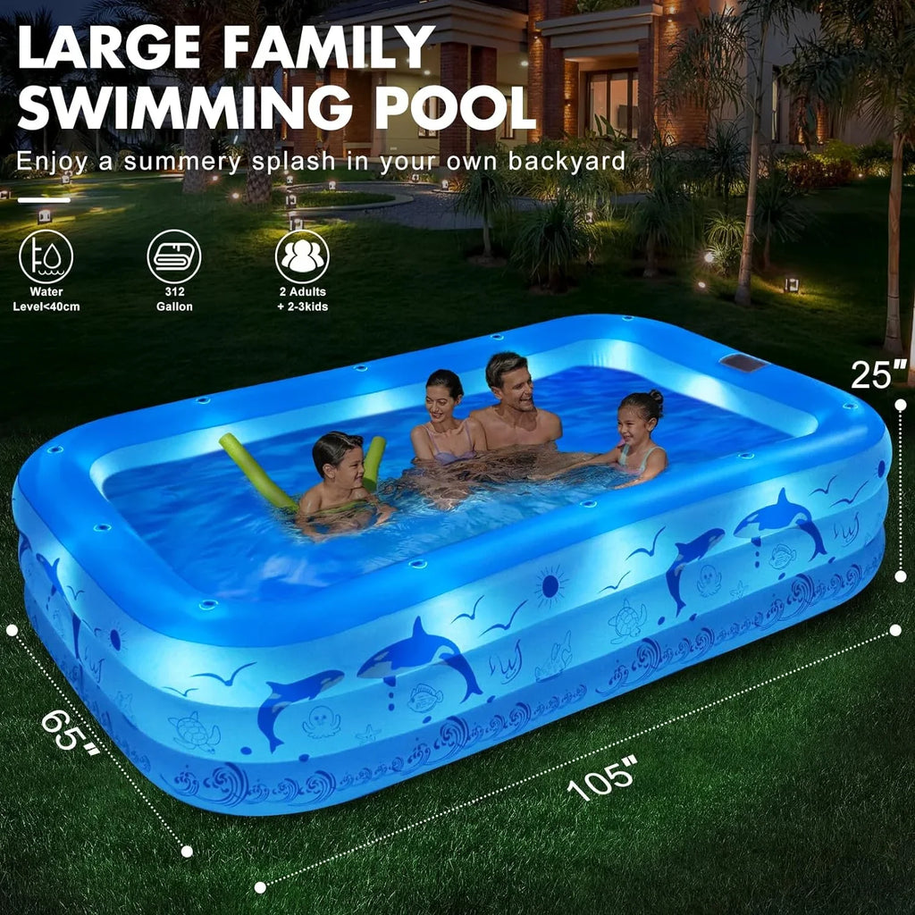 Pool up Inflatable Pool 2024 Lights, Backyard Pool Large Blow Upgraded Kiddle Kids,Adults, Solar Inflatable Thickened with Pool Family Pool, Swimming 105"x65"x25''Oversized for for Powered,