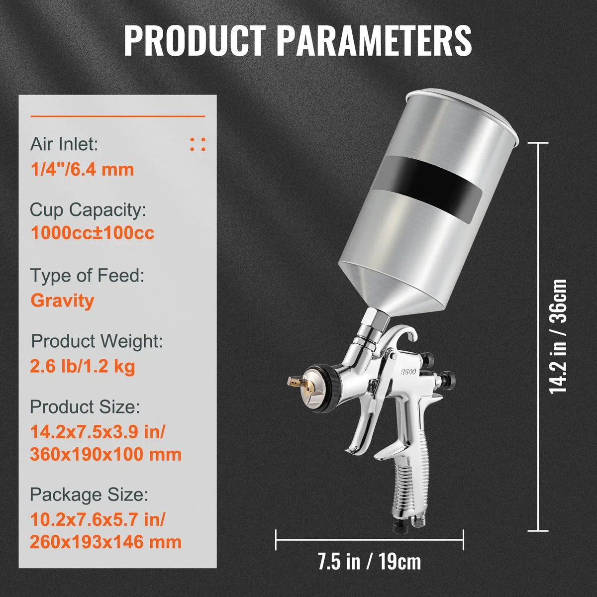 SKYSHALO Spray Gun, Steel Gravity Spray 1.8mm Nozzles, Auto 1.3mm Feed with Gun & Cup 1000cc 1.4mm Stainless Paint, Touch-Up Coat High Primer, Automotive for Clear/Top HVLP Performance Aluminum