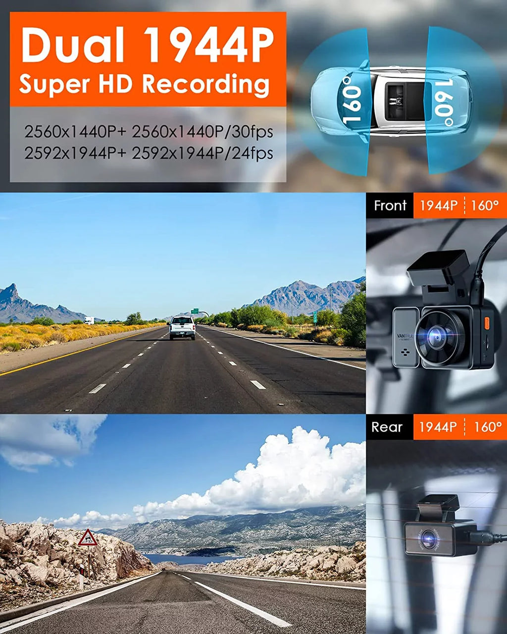 512GB GPS 1944P+1944P Control, Camera, Dash Cam Voice 2.5K Front E2 Motion Buffered with Vision, Detection, Car & Parking Night Mode, WiFi, 5G Dual Rear Capacitor, and Enhanced 24hrs Vantrue Support