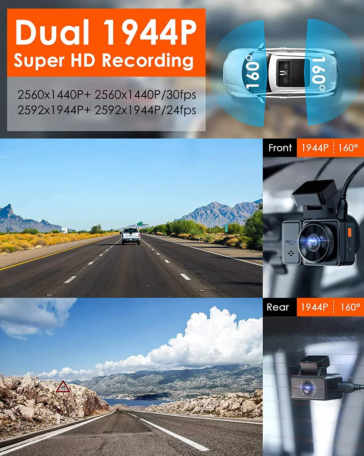 512GB GPS 1944P+1944P Control, Camera, Dash Cam Voice 2.5K Front E2 Motion Buffered with Vision, Detection, Car & Parking Night Mode, WiFi, 5G Dual Rear Capacitor, and Enhanced 24hrs Vantrue Support