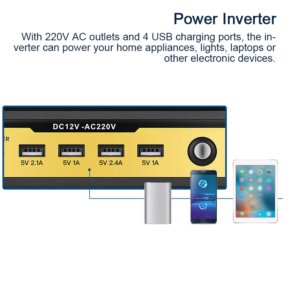 AC Outlets Power Inverter 12V 4 Home USB Laptops Sinewave Yabuy Charger Digital Modified LED Car to Converter Car Ports Inverter Charging Vehicle 5000W 220V with for