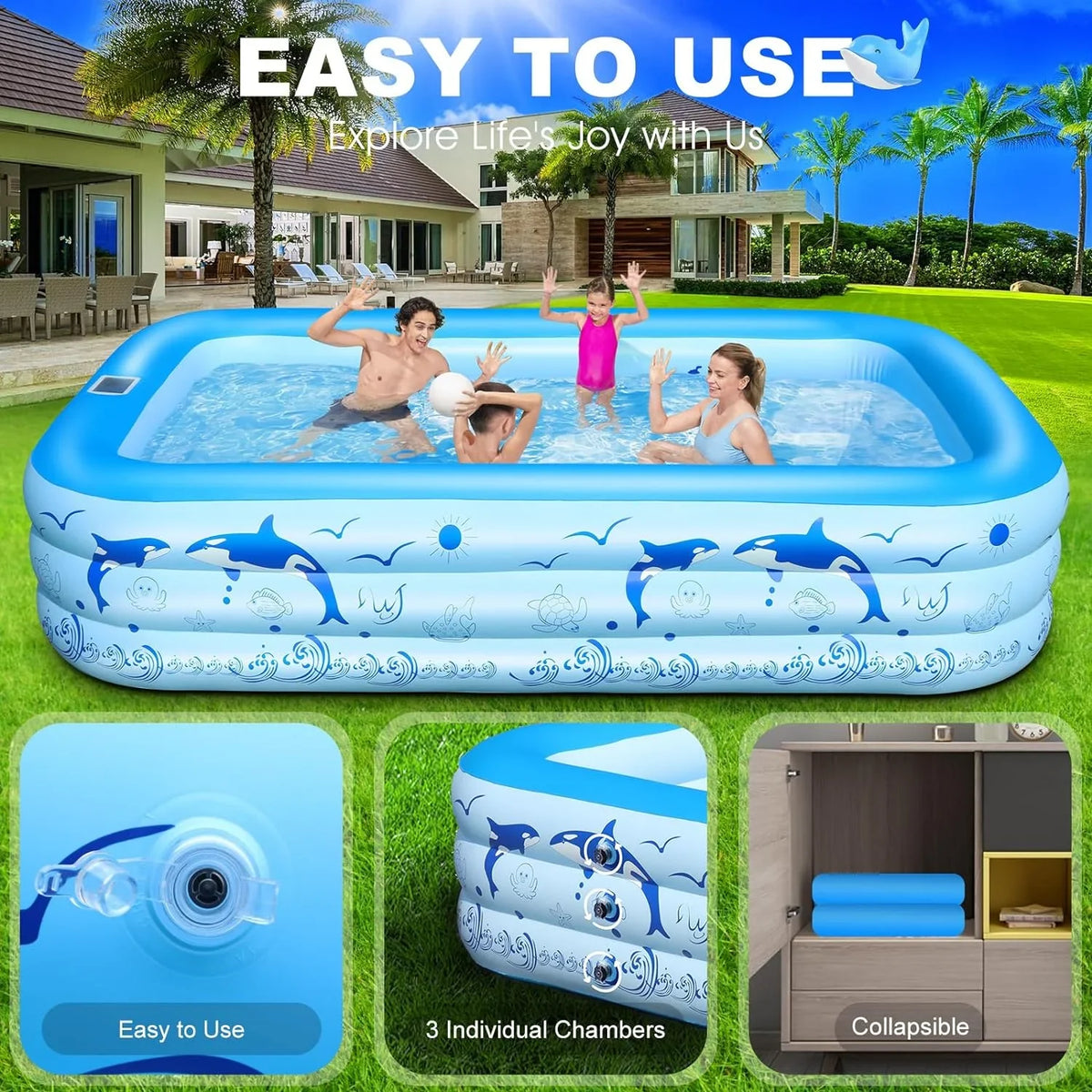 Pool up Inflatable Pool 2024 Lights, Backyard Pool Large Blow Upgraded Kiddle Kids,Adults, Solar Inflatable Thickened with Pool Family Pool, Swimming 105"x65"x25''Oversized for for Powered,