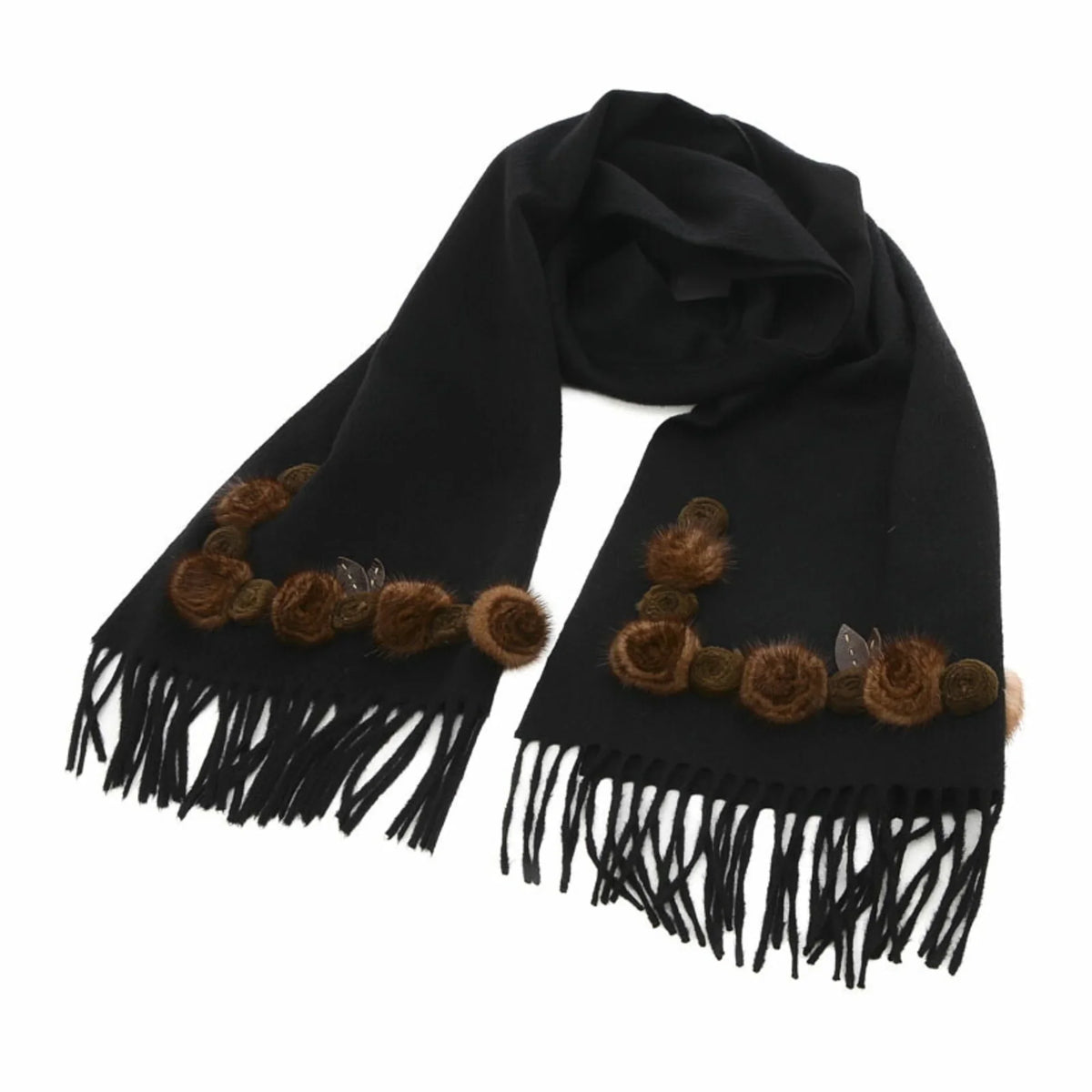 Fendi Black Cashmere 100% Stole Flower Motif Scarf Pre-Owned (Good)